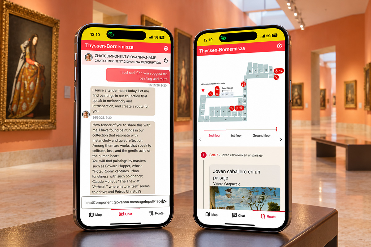 Concept van een AI-museumgids voor Thyssen-Bornemisza met chat en persoonlijke kunstroute op twee smartphones
