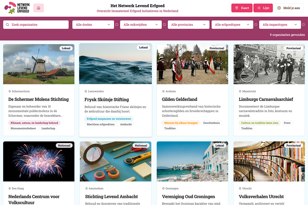 Website Netwerk Levend Erfgoed met overzicht van immaterieel-erfgoedinitiatieven en filters
