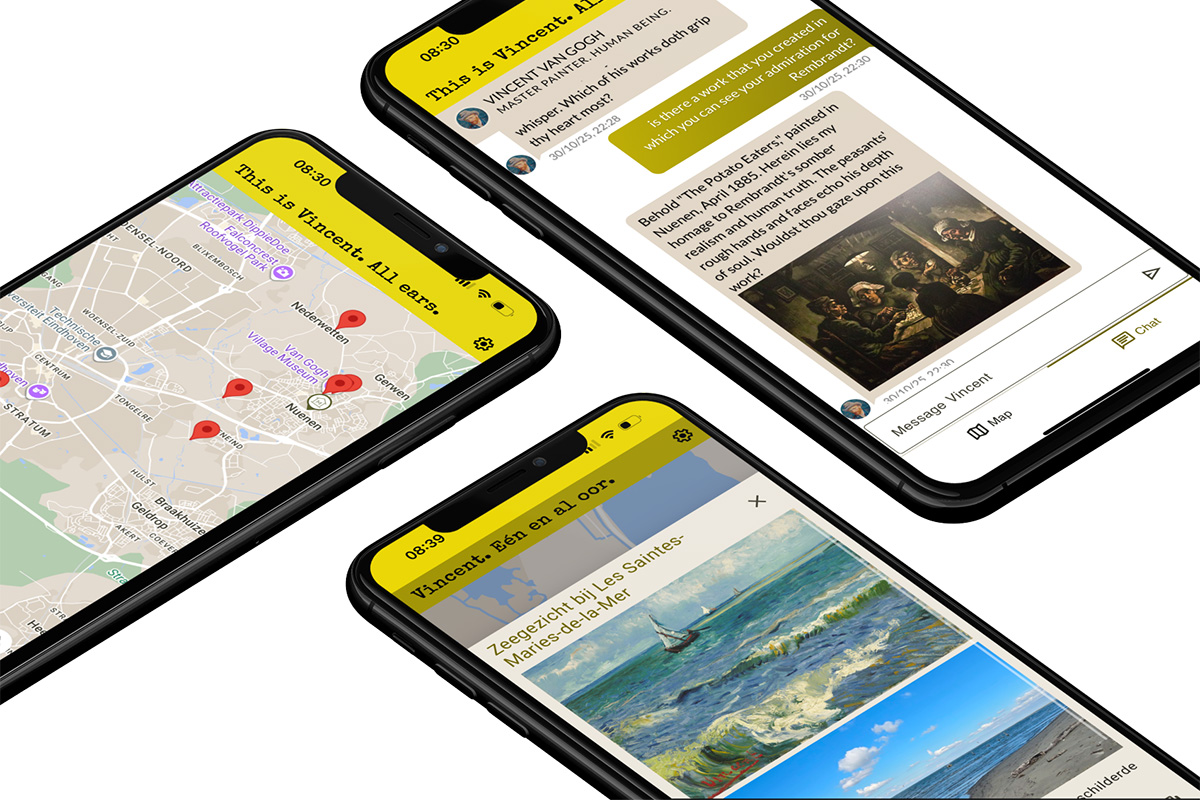 Mobiele toepassing Vincent Eén en al oor met chat, Van Gogh-kunstwerken en locaties