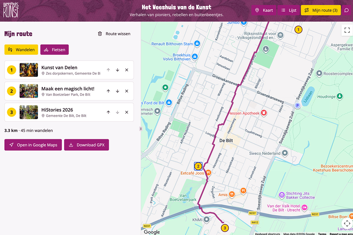Routeplanner van Het Weeshuis van de Kunst met persoonlijke wandelroute, kaart en GPX-export