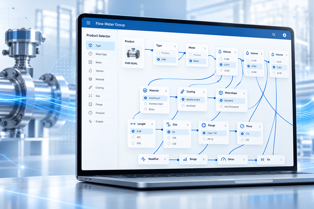 Projectvisualisatie van de productselector voor Flow Meter Group, getoond op een laptop naast meetapparatuur