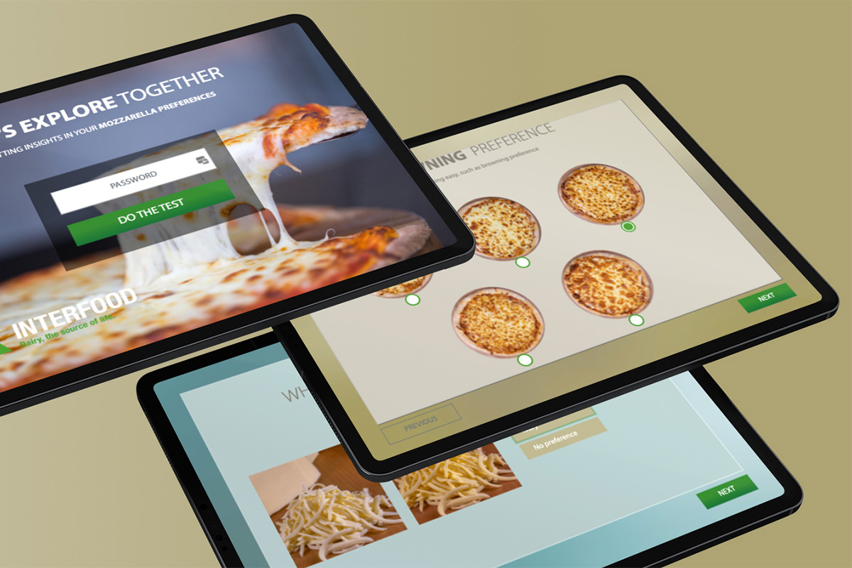 Drie tabletvisualisaties van de interactieve Interfood productkeuzehulp