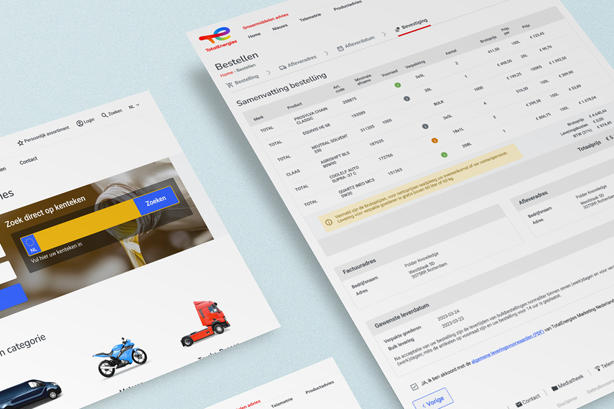 Screenshots van het TotalEnergies online bestelsysteem en smeeradvies op een lichte achtergrond